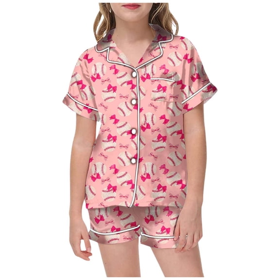 WOYY Sleepwear Set for Girls Baseball Shirt Short Sleeved Top Shorts Loungewear, Sizes 8-9