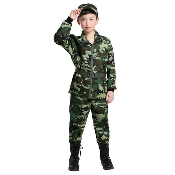 WOYY Soldier Co_stume for Boys Camo Long Sleeve Shirt Pants Hat Outfits, Sizes 1-14