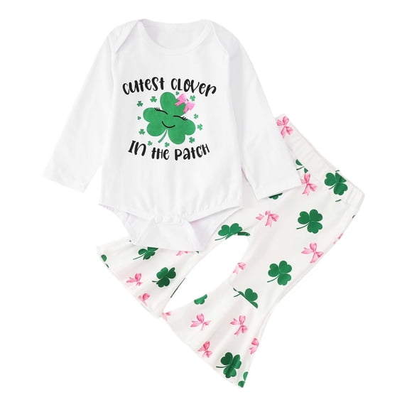 WOYY St. Patrick's Day Outfits for Girls Long Sleeve Romper Flared Pants Headband 3Pcs Set, Sizes 0-18 Months