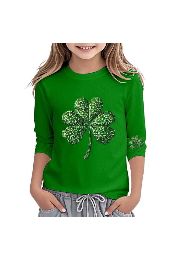 St. Patrick's Day T-Shirt for Girls Clover Print 3/4 Sleeve T Shirt Tee, Sizes 4-5T