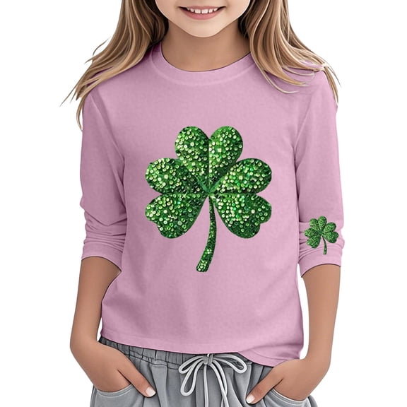 WOYY St. Patrick's Day T-Shirt for Girls Clover Print 3/4 Sleeve T Shirt Tee, Sizes 8-9