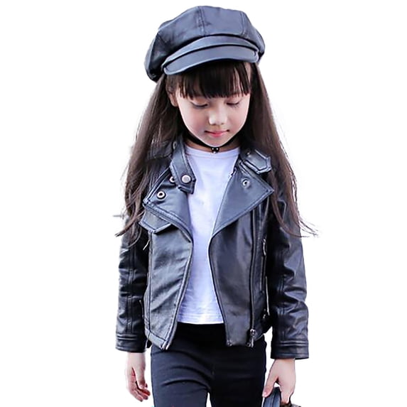 WOYY Stylish Leather Jacket for Girls Lapel Short Outerwear Pu Coat, Sizes 3-4T