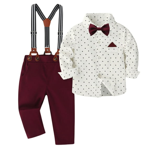 WOYY Suit for Boys Long Sleeve Dress Shirt Suspenders Pants Wedding Birthday Party Outfits Baby Clothing Sets, Sizes 12M-5T