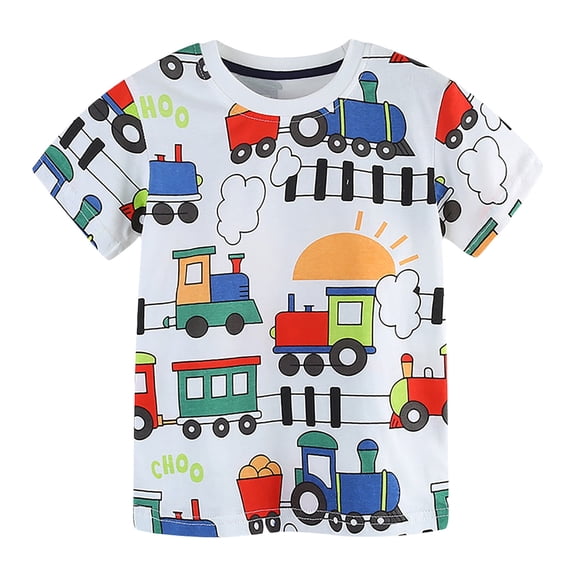 WOYY Summer Boys Cute T-Shirt Cartoon Train Print Short Sleeve Tee, White, Sizes 18M-7Y