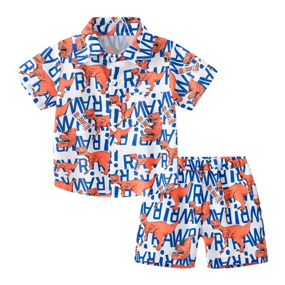 WOYY Summer Boys Hawaii Beach Outfits Tropical Print Short Sleeve Button Down Shirt Shorts Set Kids 2Pcs Set, Sizes 1-8