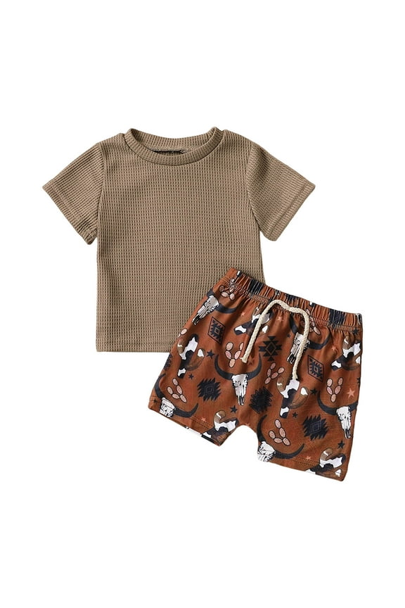Summer Boys Outfits Casual Ribbed Short Sleeve T-Shirt Shorts Set Fashion Baby Clothes, Sizes 0-18 Months