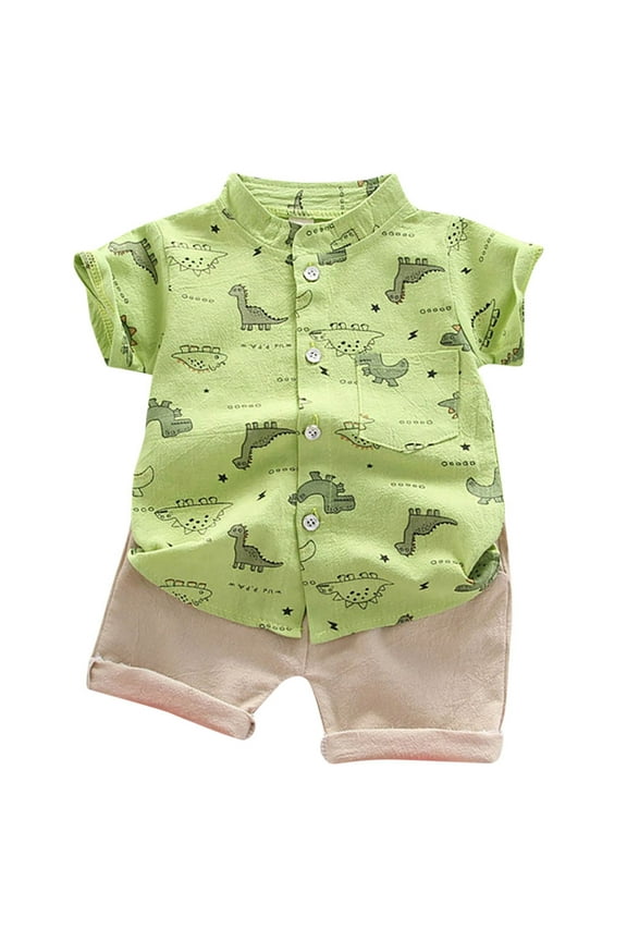 Summer Boys Outfits Dinosaur Short Sleeve Button Up Shirt Shorts Set Fashion Baby Clothes, Sizes 18-24 Months