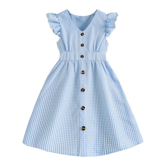 WOYY Summer Girls Dress with Flutter Sleeves Checkered Button Front Dress, Sizes 8-13