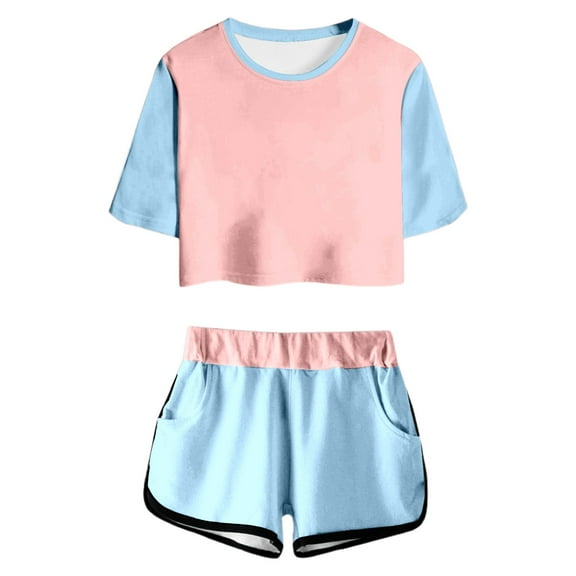 WOYY Summer Girls Outfits Casual Color Block Short Sleeve T-Shirt Shorts Set, Sizes 9-10
