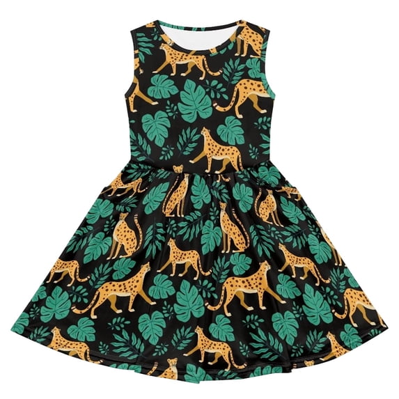 WOYY Sundress for Girls Casual Animal Print Sleeveless Midi Dress with Pockets, Sizes 3-16