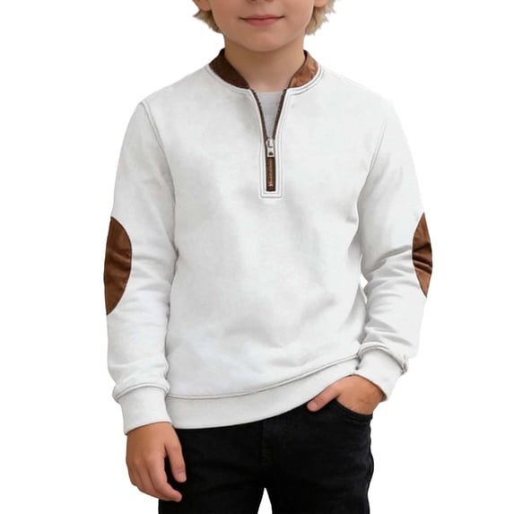 WOYY Sweatshirts for Boys Casual Half Zip Pullover Tops Fall Winter Clothes, White, Sizes 4-17