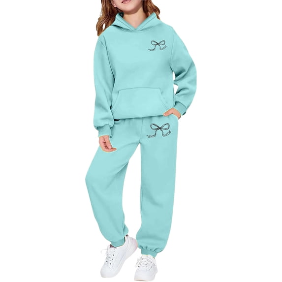 WOYY Sweatsuit for Little Girls Casual Bow Hoodie Sweatpants Outfits Kids 2Pcs Set, Sizes 2-13