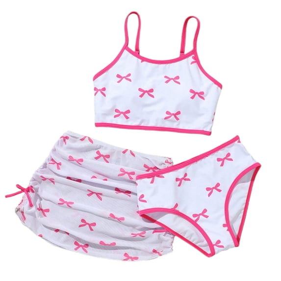 WOYY Swimsuit for Girls Bow Print Bikini Set Mesh Cover Up Bathing Suit, 3-Piece, Sizes 7-12