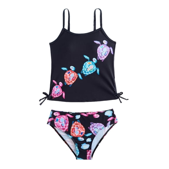 WOYY Swimsuit for Girls Cute Graphic Side-Tie Tankini Set Bathing Suit, 2-Piece, Sizes 7-14