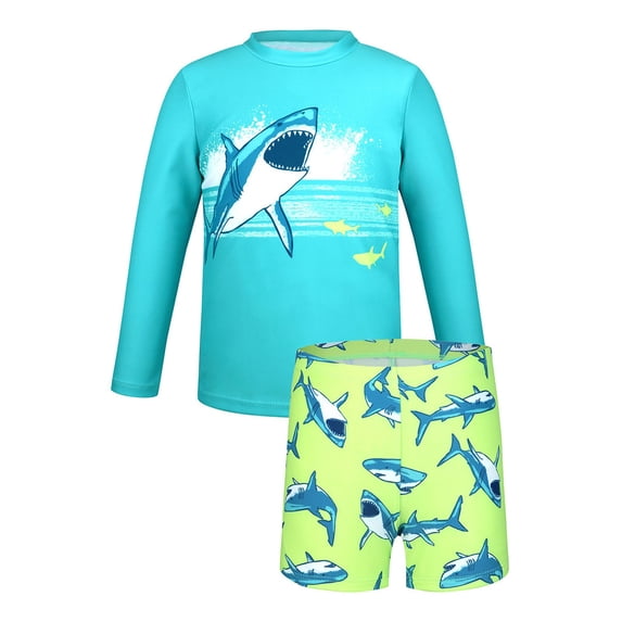 WOYY Swimsuits for Boys UPF 50+ Shark Long Sleeve Rash Guard Bathing Suit, Sizes 3-7
