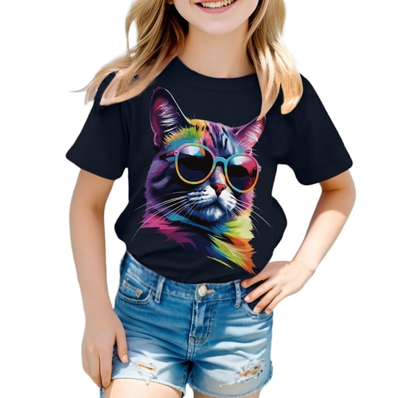 WOYY T-Shirt for Girls Cat Print Short Sleeve T Shirt Crew Neck Graphic Tee, Sizes 3-13