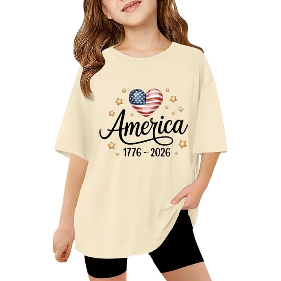 WOYY T-Shirt for Girls Usa 250Years T Shirt Kids Short Sleeve Crew Neck Tee, Sizes 3-14