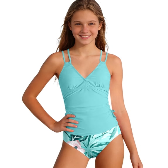 WOYY Tankini Set for Girls Tropical Print Beach Bathing Suit Padded Swimsuit, Sizes 7-16