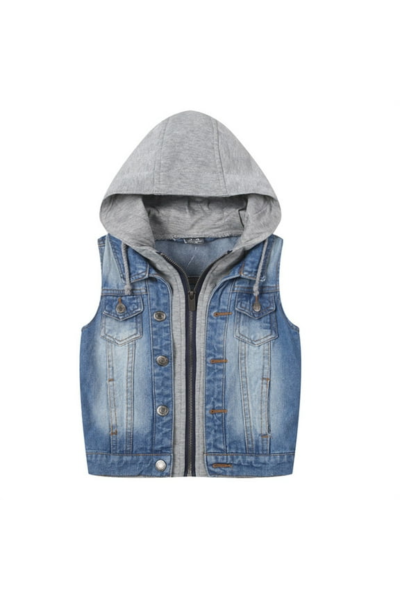 Teen Boys Hooded Denim Vest Vintage Sleeveless Jacket Fall Winter Outerwear Vest