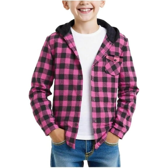 WOYY Teen Boys Plaid Hooded Shirt Jacket Long Sleeve Unisex Casual Outerwear, Sizes 15-16
