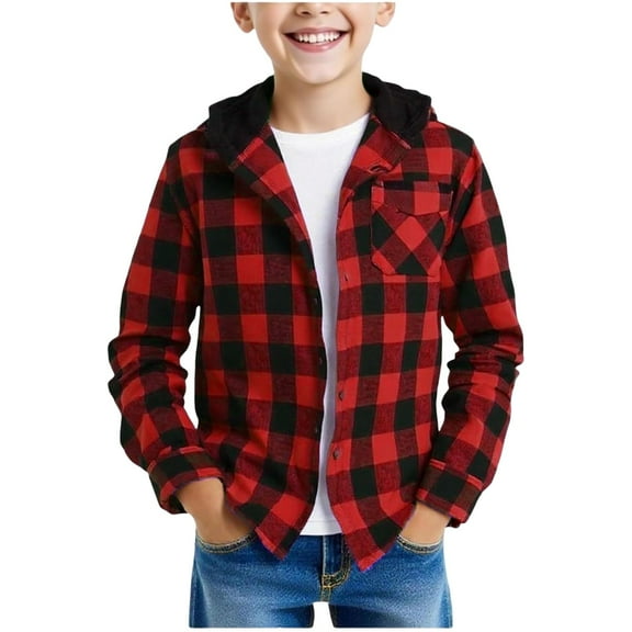 WOYY Teen Boys Plaid Hooded Shirt Jacket Long Sleeve Unisex Casual Outerwear, Sizes 15-16