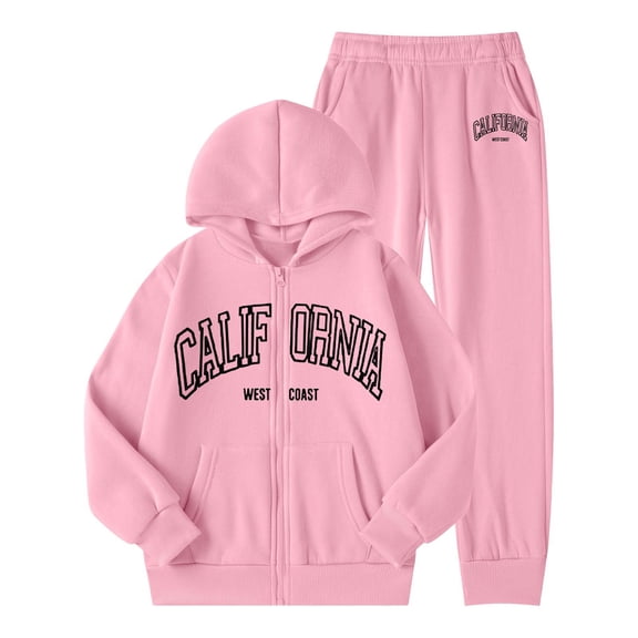 WOYY Teen Girls 2 Piece Tracksuit California Printed Zip Up Hoodie Sweatpants Outfits, Sizes 13-14
