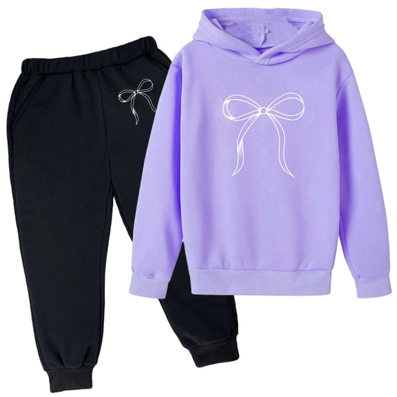 WOYY Teen Girls Active Outfits Bow Print Casual Hoodie Joggers Sweat Suit, Sizes 13-14