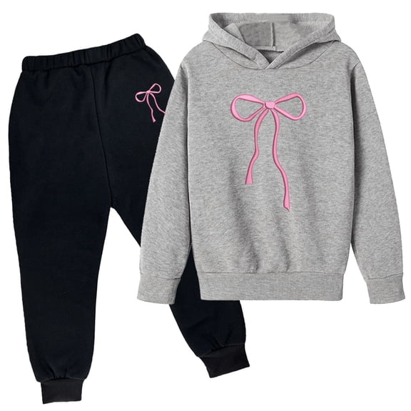 WOYY Teen Girls Casual Sweatsuit Bow Print Pullover Hoodie Sweatpants Set, Sizes 13-14