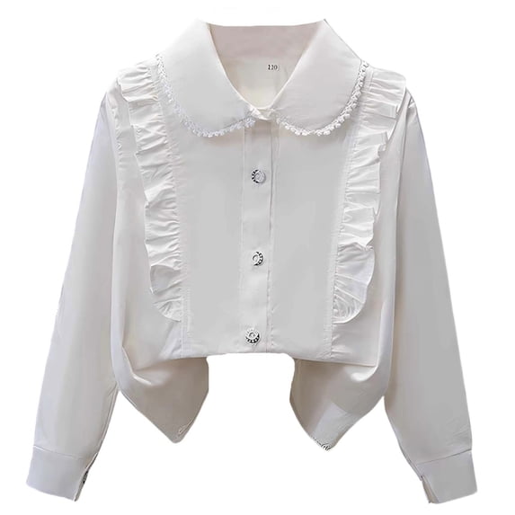 WOYY Teen Girls Elegant Ruffled Long Sleeve Blouse School Button Down Shirt, Sizes 13-14