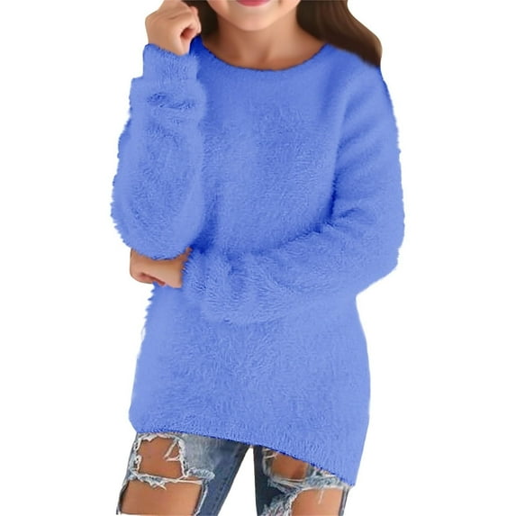 WOYY Teen Girls Sweater Solid Fuzzy Crew Neck Pullover Knitwear Cozy Sweater