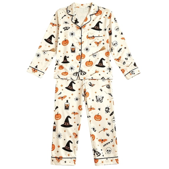 WOYY Teen Girls Halloween Pajamas Long Sleeve Button Front Shirt Pants Sleepwear Set