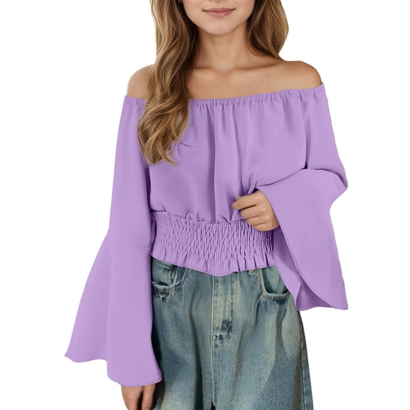WOYY Teen Girls Off Shoulder Blouse Solid Color Flare Sleeve Tunic Shirt, Sizes 13-14