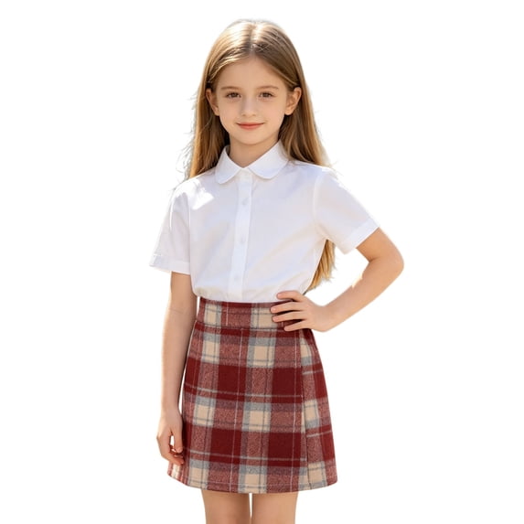 WOYY Teen Girls Plaid A Line Skirt Preppy High Waisted School Skirt with Elastic Waist,Red