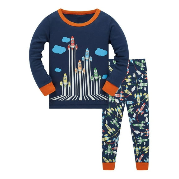 WOYY Toddler Baby Boys Pajamas Kids 2 Piece PJ's Sets Rocket Print Long Sleeve Top Pants Sleepwear
