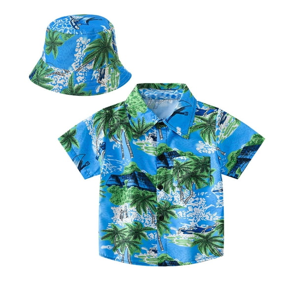 WOYY Toddler Boy Hawaii Beach Button Down Shirt Tropical Print Short Sleeve Shirt with Hat