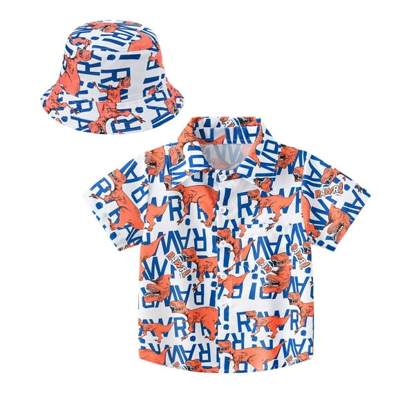 WOYY Toddler Boy Hawaii Beach Button Down Shirt Tropical Print Short Sleeve Shirt with Hat