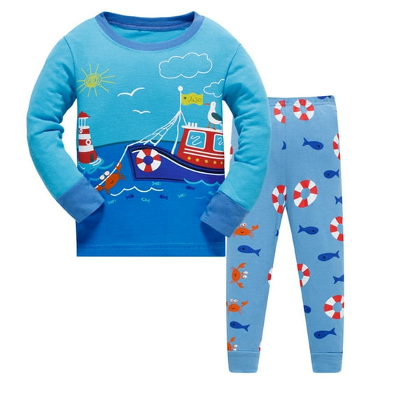 WOYY Toddler Boy's Pajamas Ship Print Long Sleeve T-Shirt Pants Children's Sleepwear Pjs