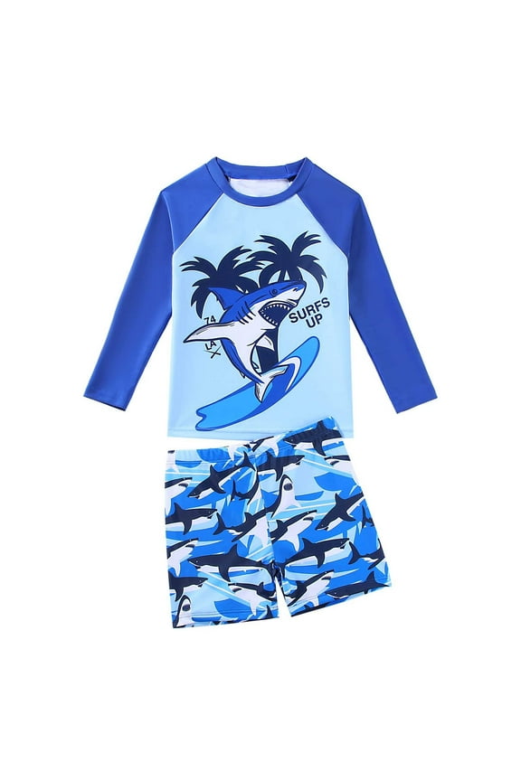 Toddler Boys 2-Piece Swimsuit Shark Print Long Sleeve Rash Guard Shorts Bathing Suit, Sizes 3-7