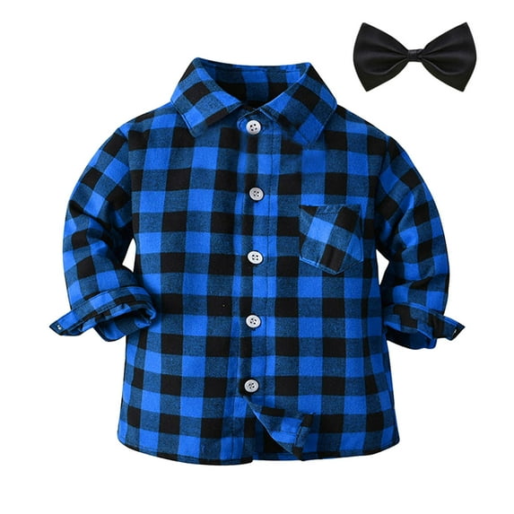 WOYY Toddler Boys Bow Tie Shirt Tops Long Sleeve Button Down Shirt Autumn Spring Plaid Shirts