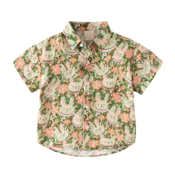 WOYY Toddler Boys Button-Up Shirt Cartoon Print Short Sleeve Beach Summer Shirt for Kids