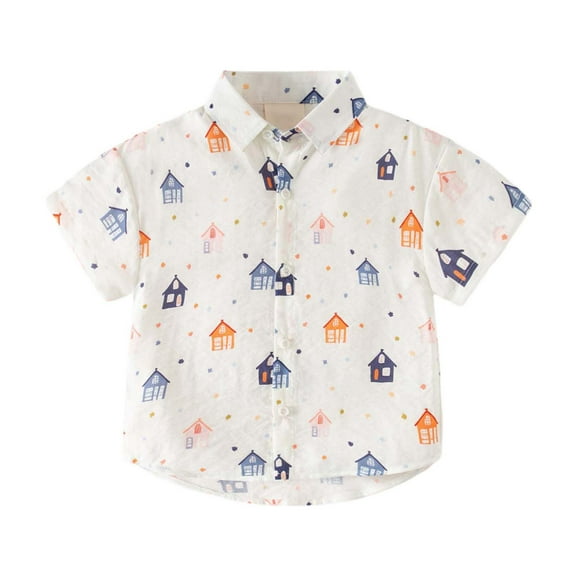 WOYY Toddler Boys Button-Up Shirt Cartoon Print Short Sleeve Beach Summer Shirt for Kids