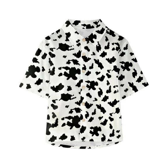 WOYY Toddler Boys Casual Button Up Shirt Cow Print Short Sleeve Summer Shirt for Children