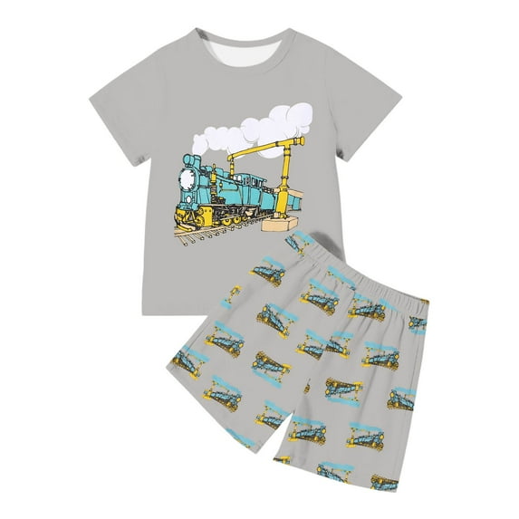 WOYY Toddler Boys Casual Outfits Train Print Short Sleeve T Shirt & Shorts Sets, Size 2-12