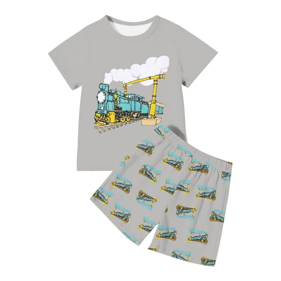 WOYY Toddler Boys Casual Outfits Train Print Short Sleeve T Shirt & Shorts Sets, Size 2-12