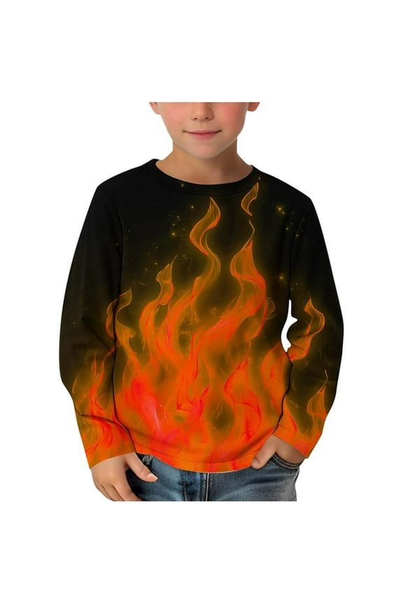 Toddler Boys Casual Sweatshirt Fire Print Crewneck Pullover Kids Long Sleeve Top