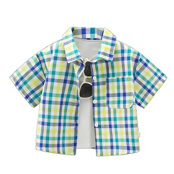 WOYY Toddler Boys Checkered Short Sleeves Shirt Cotton Casual Button Down Shirt, Sizes 1-11