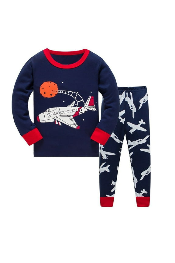 Toddler Boys Cotton Outfits Plane Print Long Sleeved Top Pants Sleepwear, Sizes 3-4T