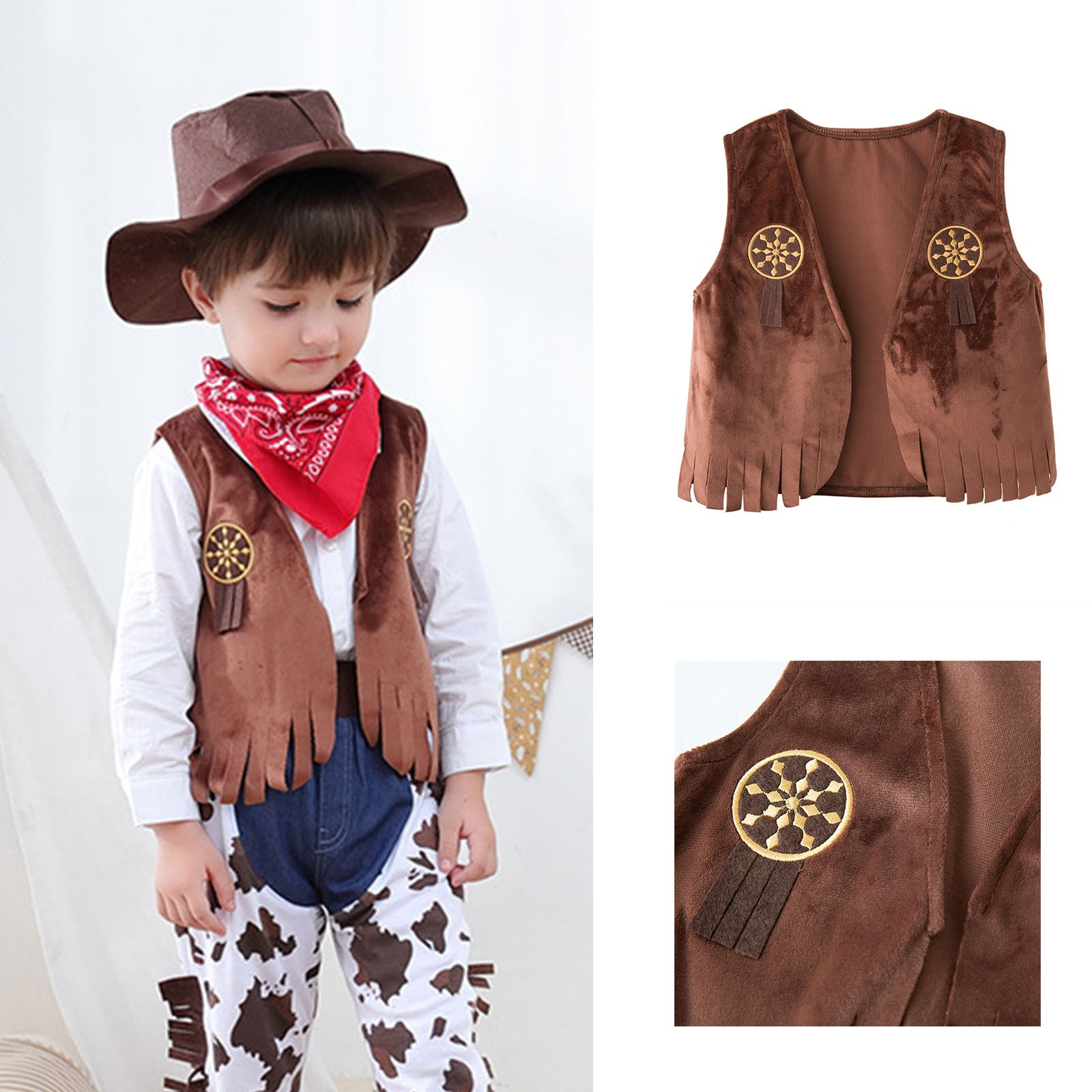 WOYY Toddler Boys Cowboy Costume Solid Vest Sleeveless Tassal Jacket Kids Fancy Dress Up