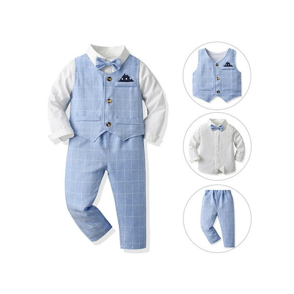 WOYY Toddler Boys Dress Suit Long Sleeve Plaid Shirt Tops Pants Vest with Bowtie 4Pcs Sets