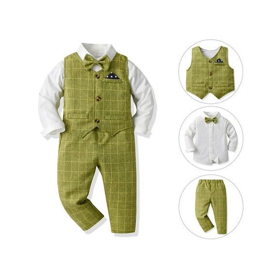 WOYY Toddler Boys Dress Suit Long Sleeve Plaid Shirt Tops Pants Vest with Bowtie 4Pcs Sets